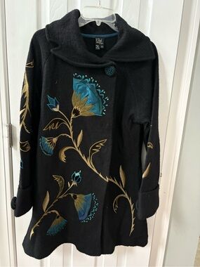CoVelo -Wearable Art- Black Sweater Coat with Teal and Gold Floral Embroidery -